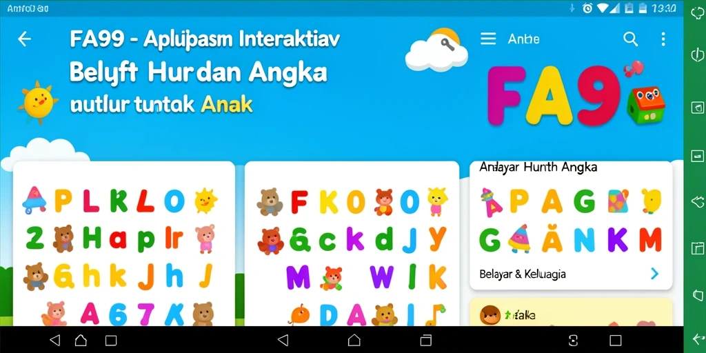 Tampilan antarmuka aplikasi FA99 yang ceria dan interaktif untuk anak-anak.