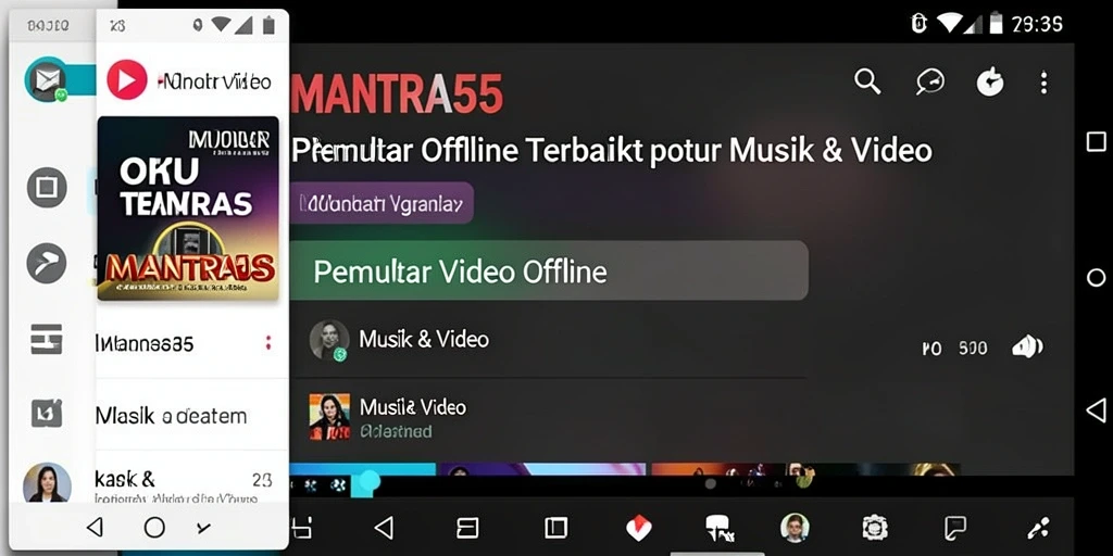Screenshot antarmuka utama MANTRA55 yang menunjukkan fungsi Pemutar Video Offline.